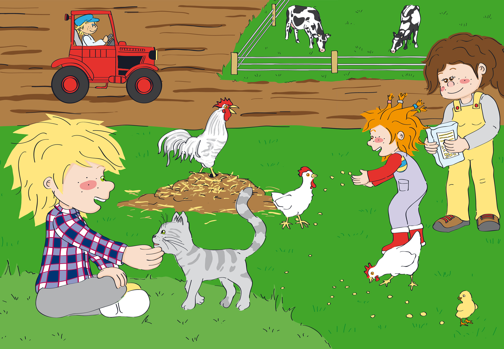 Hanna und Hinnerk lieben es auf dem Bauernhof Tiere zu füttern und zu streicheln. Die Illustration stammt von Steffi Meyer von P-67 Industries.