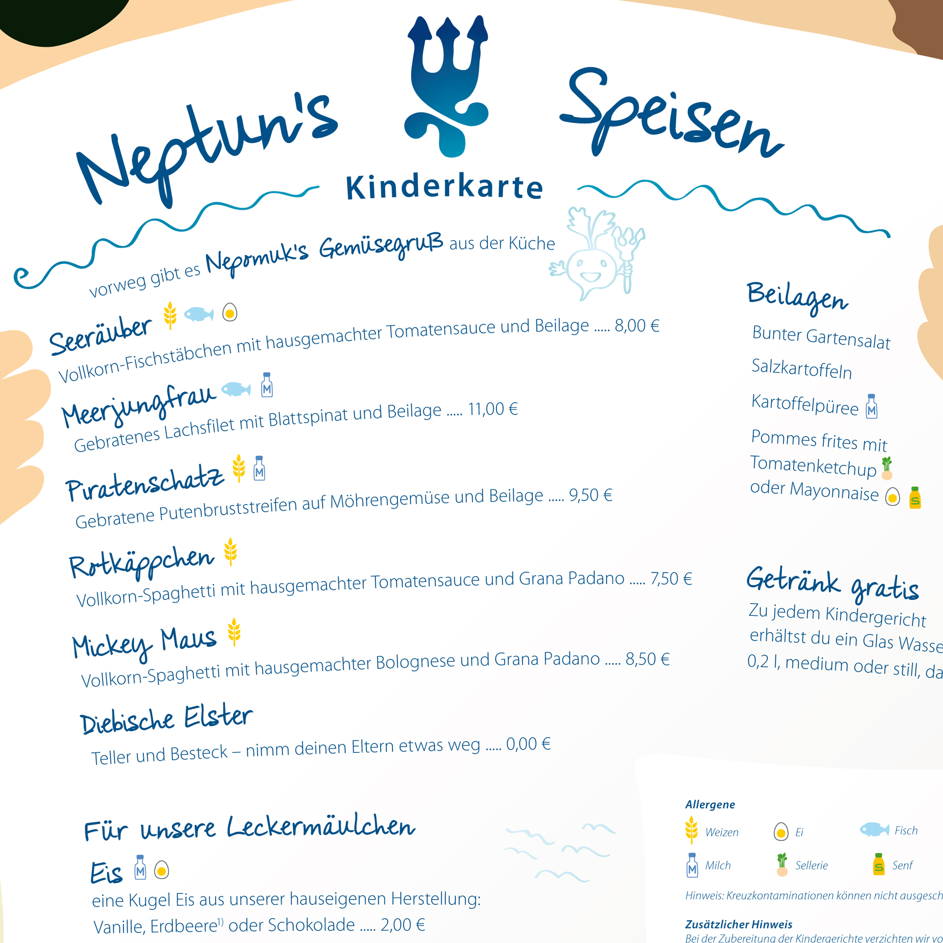 Ausschnitt der Kinderspeisekarte mit Illustrationen für Icons der Allergene