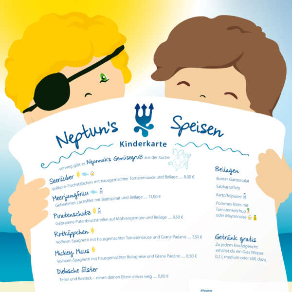 Neuauflage der Kinderspeisekarte des Hotel Neptuns mit Entwurf und Illustration