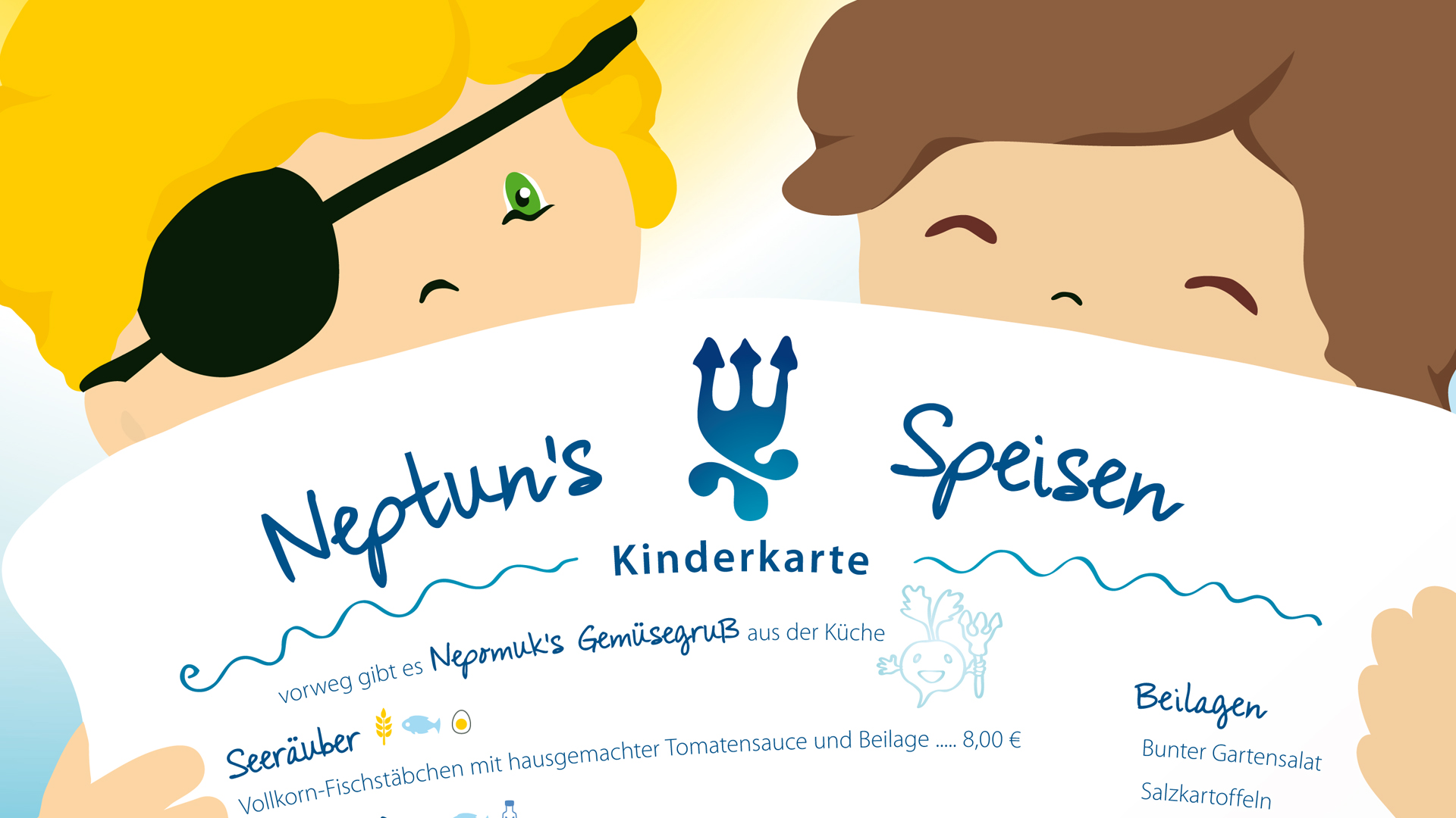 Neuauflage der Kinderspeisekarte des Hotel Neptuns mit Entwurf und Illustration