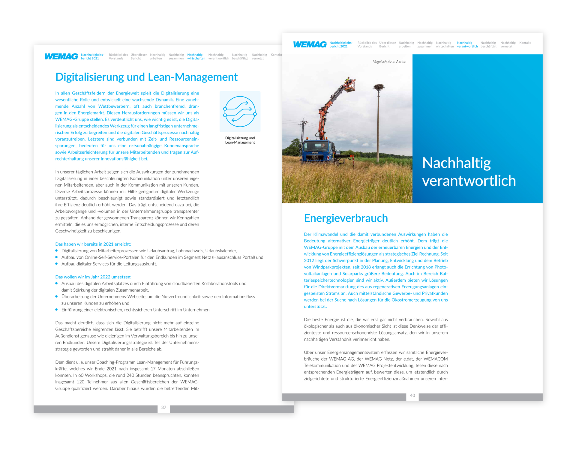 Design für Nachhaltigkeitsberichts: Beispiele für Einzelseiten der WEMAG